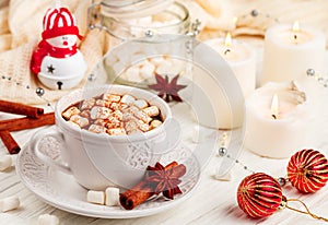 Coffee, cocoa, hot chocolate with marshmallows and cinnamon