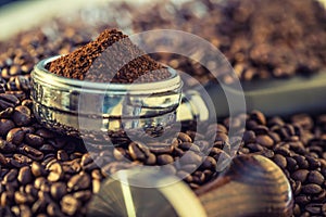 Coffee.Coffee beans. Coffee beans and portafilter. Toned image