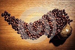 coffee, coffee beans, roasted coffee, roasted coffee beans, coffee beans isolated on Wooden background, coffee beans close up, co