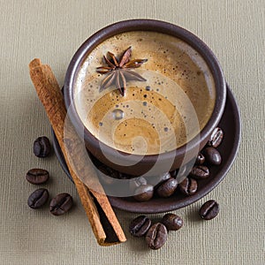 Coffee, coffee beans, spices, star anise, cinnamon, sugar, canvas
