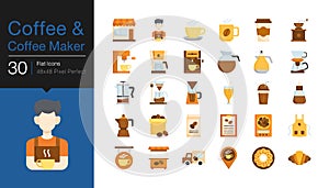 Coffee and Coffee makers icons. Flat icon design. For presentation, graphic design, mobile application, web design, infographics,