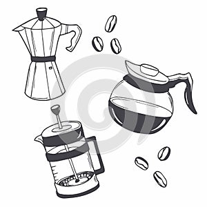 Coffee and coffee making set, coffee beans sketch. doodle style