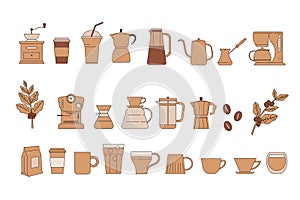 Coffee, coffee shop and cafe collection of illustrations. Coffee beans, plants, cups, coffeepot, package, grinder