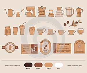 Coffee, coffee shop and cafe collection of illustrations. Coffee beans, plants, cups, coffeepot, package, grinder