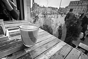 Coffee in a coffee shop window.