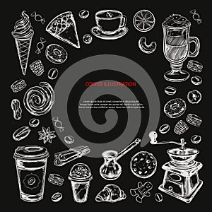 Coffee and Coffee to go background. Vector hand drawn illustrations. Bakery elements. Sketch style