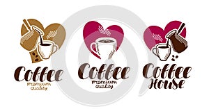 Coffee, coffeehouse label set. Cafe, cafeteria, hot drink logo or icon. Handwritten lettering vector illustration