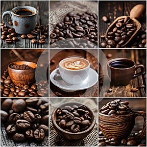 Coffee collage with cups of coffee, with foam, with ground coffee, with large coffee beans on a wooden background