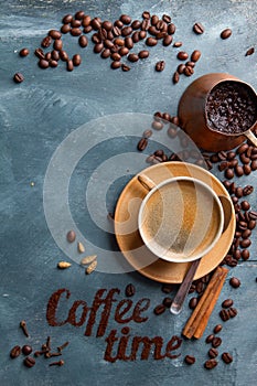 Coffee composition with cup and old coffee pot