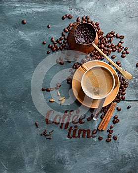 Coffee composition with cup and old coffee pot