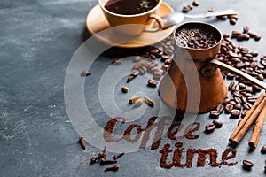 Coffee composition with cup and old coffee pot