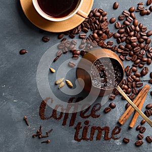 Coffee composition with cup and old coffee pot