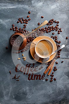 Coffee composition with cup and old coffee pot