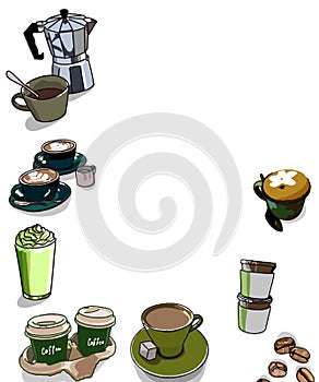 Coffee concept. Image of coffee drinks for banner, coffee shop, menu for coffee drinks. Space for copy text.