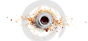 Coffee concept on white background - white coffee cup, top view with watercolor coffee splashes. Hand draw and