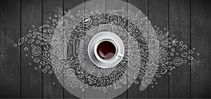 Coffee concept on wooden background - white coffee cup, top view with doodle illustration about coffee, beans, morning