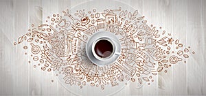 Coffee concept on wooden background - white coffee cup, top view with doodle illustration about coffee, beans, morning