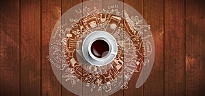 Coffee concept on wooden background - white coffee cup, top view with doodle illustration about coffee, beans, morning