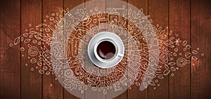 Coffee concept on wooden background - white coffee cup, top view with doodle illustration about coffee, beans, morning