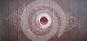 Coffee concept on wooden background - white coffee cup, top view with doodle illustration about coffee, beans, morning
