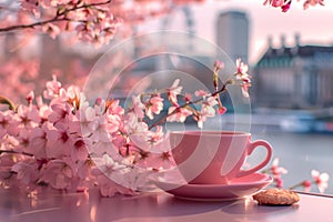 coffee and cookies in a cup and saucer on the table and cherry blossoms in the morning light