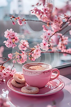 coffee and cookies in a cup and saucer on the table and cherry blossoms in the morning light