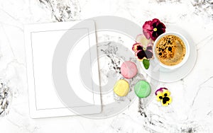 Coffee cookies tablet PC pansy flowers Floral flat lay