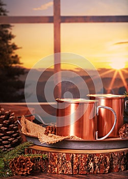 Coffee in copper Mugs Sunrise Mountain Cabin