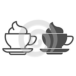 Coffee and cream line and solid icon. Hot drink mug of frappe with milk ice-cream symbol, outline style pictogram on