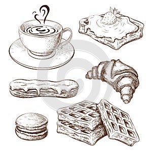 Coffee with croissant, pastries, sweet desserts. breakfast icon set. drawn sweet pastries with cup of coffee isolated on