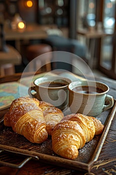 Coffee and croissants on a tray. Cozy atmosphere in cafe with morning breakfast