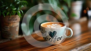Coffee cup adorned with \'Love Coffee\' and a heart, Ai Generated