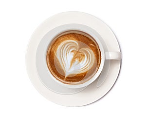 Coffee cup of art latte with froth heart shaped  isolated on white background. with clipping path