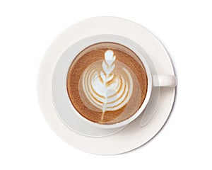 Coffee cup of art latte with froth tulip shaped isolated on white background