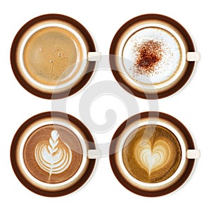 Coffee cup assortment top view collection isolated on white background