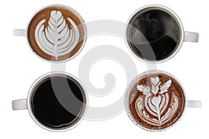 Coffee cup assortment top view collection isolated on white Background.