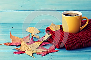 Coffee cup and autumn leafs