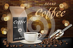 Coffee cup with beans ads. 3d illustration of hot arabica coffee mug. Product paper bag package design with brick