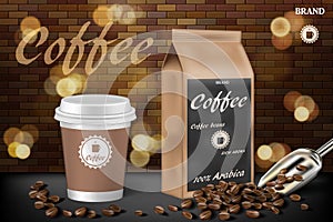 Coffee cup with beans ads. 3d illustration of hot arabica coffee. Product paper bag package design with brick background