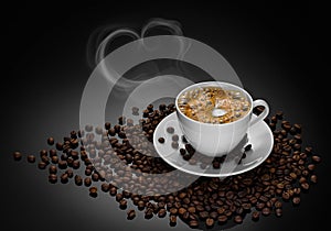 Coffee cup and beans on black background