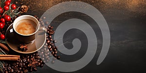 Coffee cup, beans, cinnamon and spices on old table. Top view with free space for your text. Christmas moning. Banner.