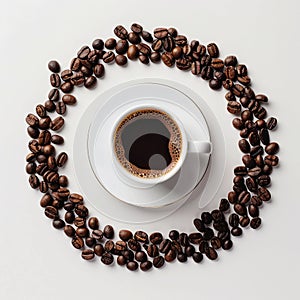 Coffee cup and beans circle on white