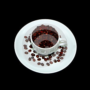 Coffee cup with coffee beans closeup shot on black background