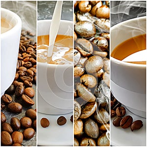 Coffee  cup beans coffee time on concrete background  espresso collage