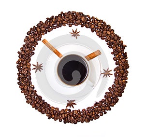 Coffee cup and beans conventionalized to clock