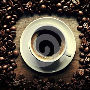 Coffee cup and beans frame on wooden table