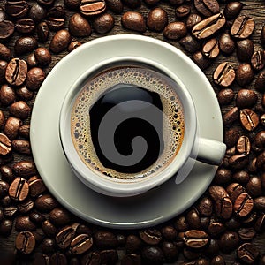 Coffee cup and beans frame on wooden table