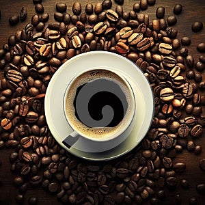 Coffee cup and beans frame on wooden table