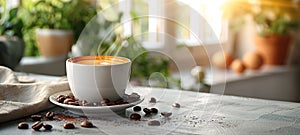 Coffee cup and beans on old kitchen table. Top view with copyspace for your text