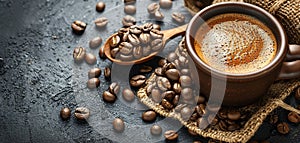 Coffee cup and beans on old kitchen table. Top view with copyspace for your text